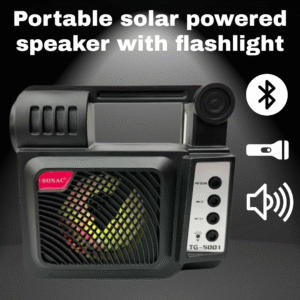 Portable solar powered speaker with flashlight